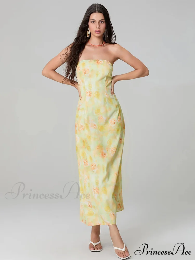 Stylish Flower Pattern Tube Backless Off-Shoulder Evening Gown Party Dress - Image 5