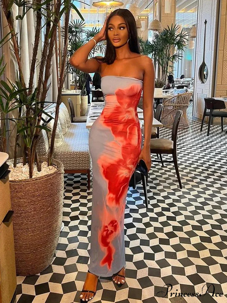 Stylish Flower Strapless Midi Split Backless Dress - Image 2