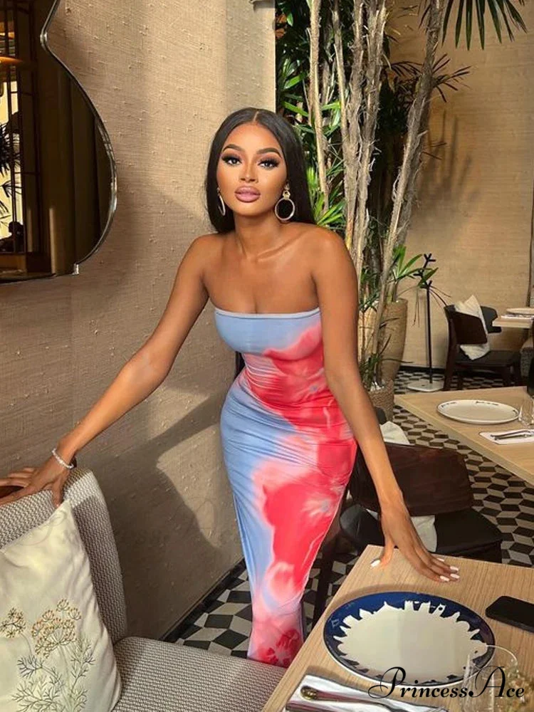 Stylish Flower Strapless Midi Split Backless Dress - Image 3
