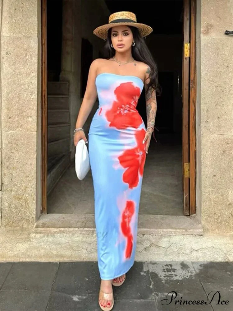 Stylish Flower Strapless Midi Split Backless Dress - Image 6