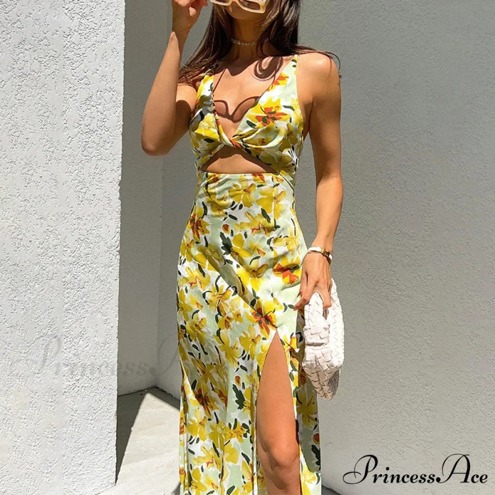Stylish Golden Blooms Pattern Twirl Tie Cutout Midi Floral Dress - Image 2