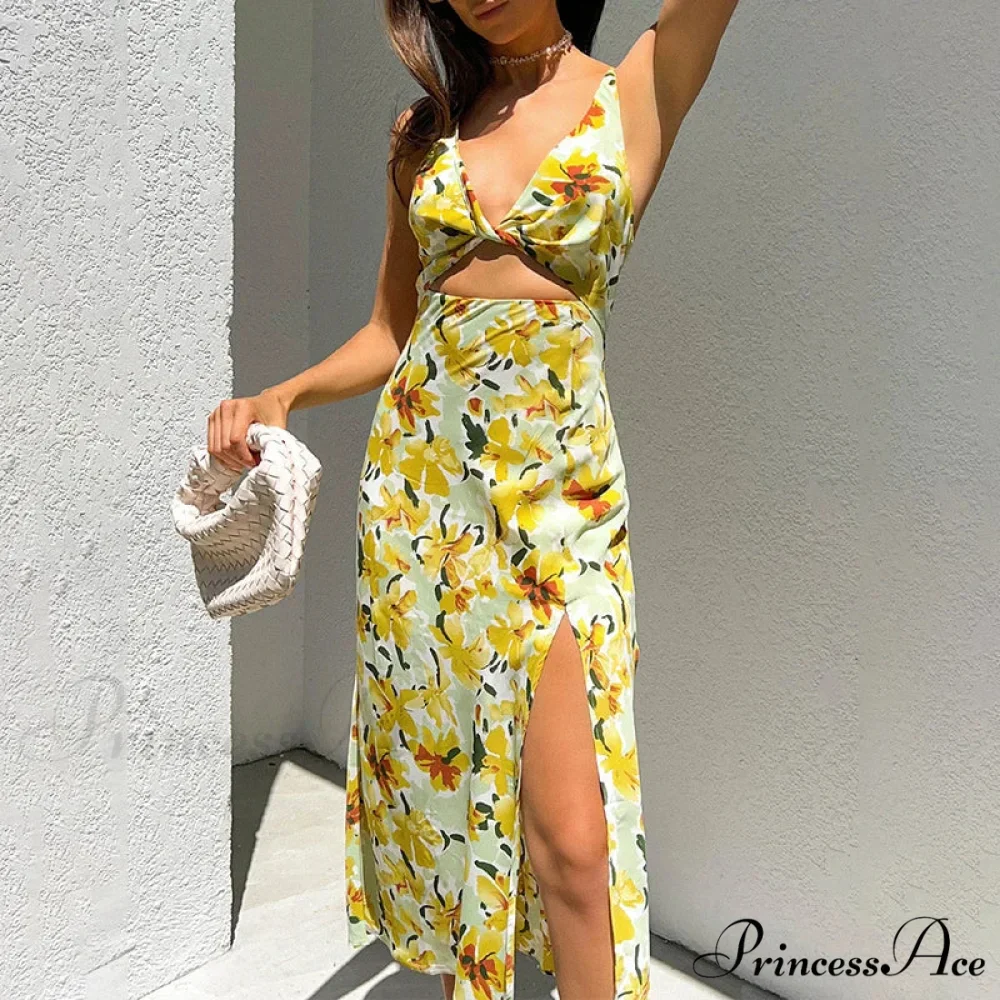 Stylish Golden Blooms Pattern Twirl Tie Cutout Midi Floral Dress - Image 3