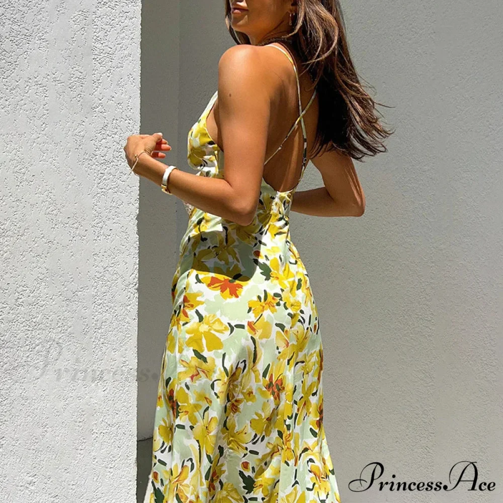 Stylish Golden Blooms Pattern Twirl Tie Cutout Midi Floral Dress - Image 4