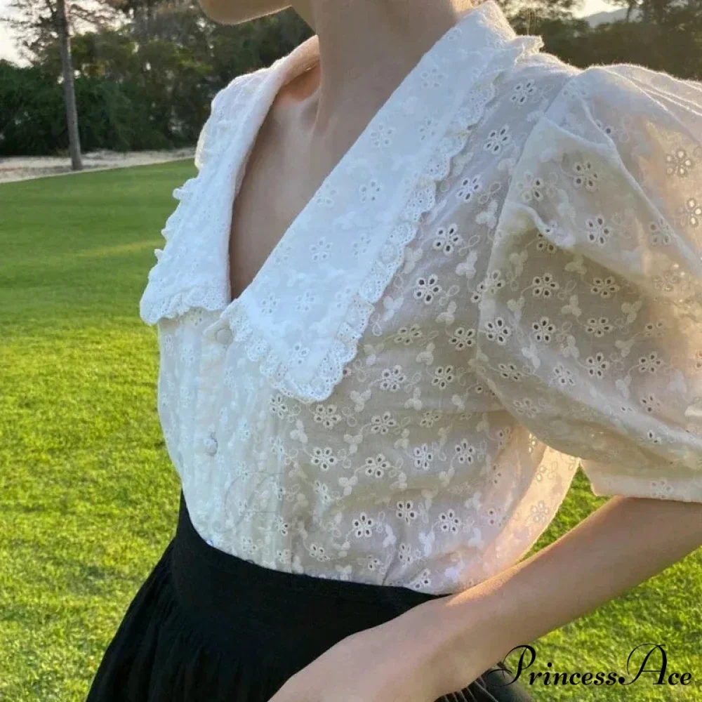 Stylish Hollow Lace Puff Sleeve Peter Pan Collar Blouse - Image 2