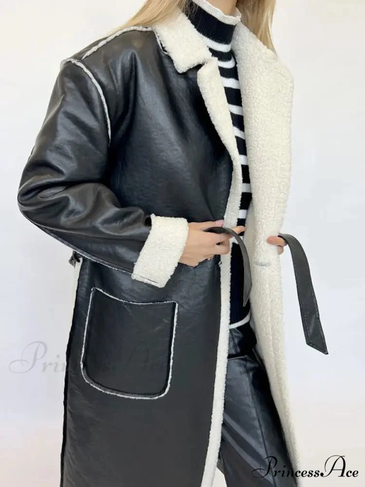 Stylish Lamb Wool Faux Leather Belted Overcoat - Image 3