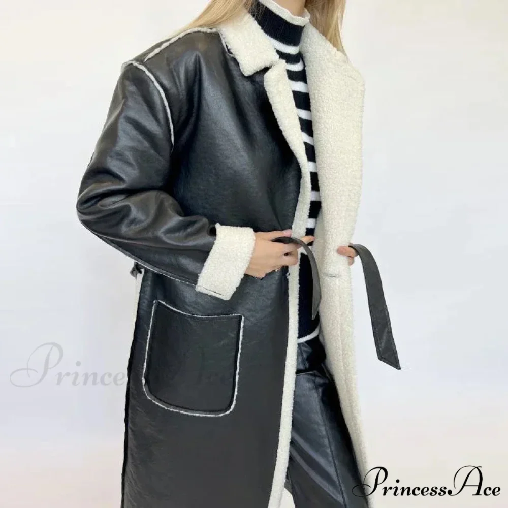 Stylish Lamb Wool Faux Leather Belted Overcoat - Image 6