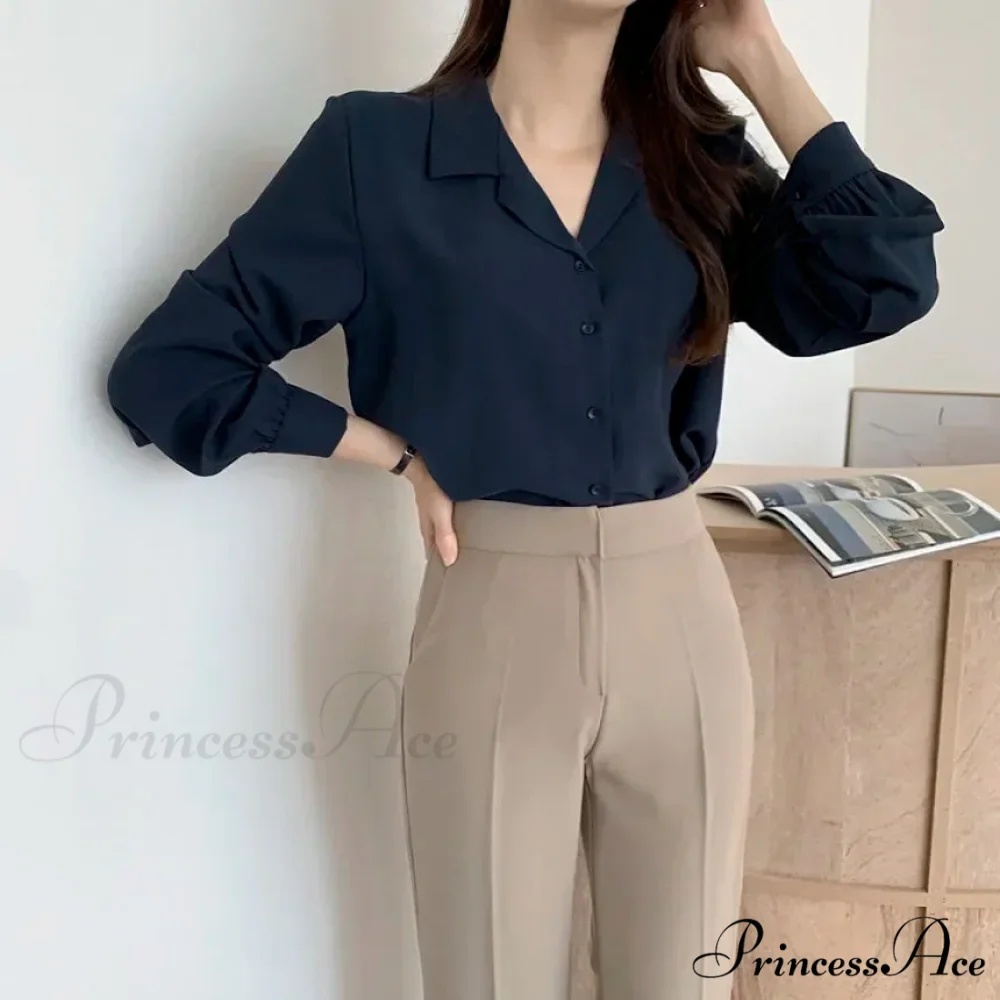 Stylish Lantern Sleeve Suit Collar Baggy Office Blouse - Image 6