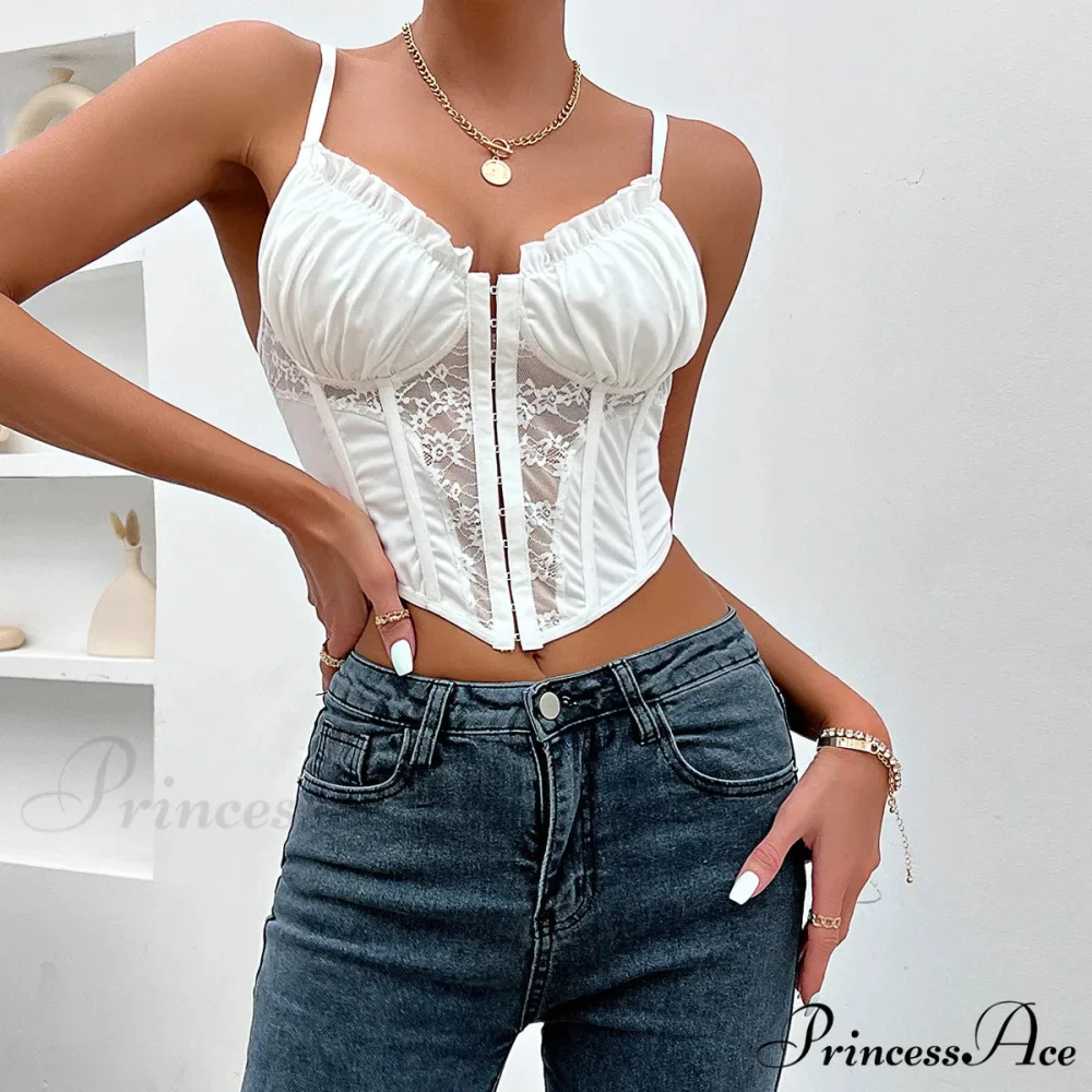 Stylish Mesh Fishbone Lace Pleated Seductive Crop Top - Image 3