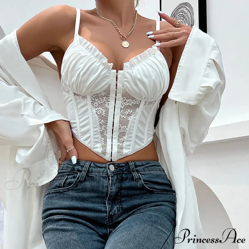 Stylish Mesh Fishbone Lace Pleated Seductive Crop Top - Image 4