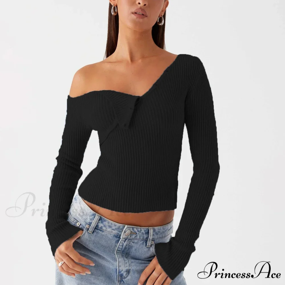 Stylish Off Shoulder Ribbed Solid Crop Fitted Knit Top - Image 5