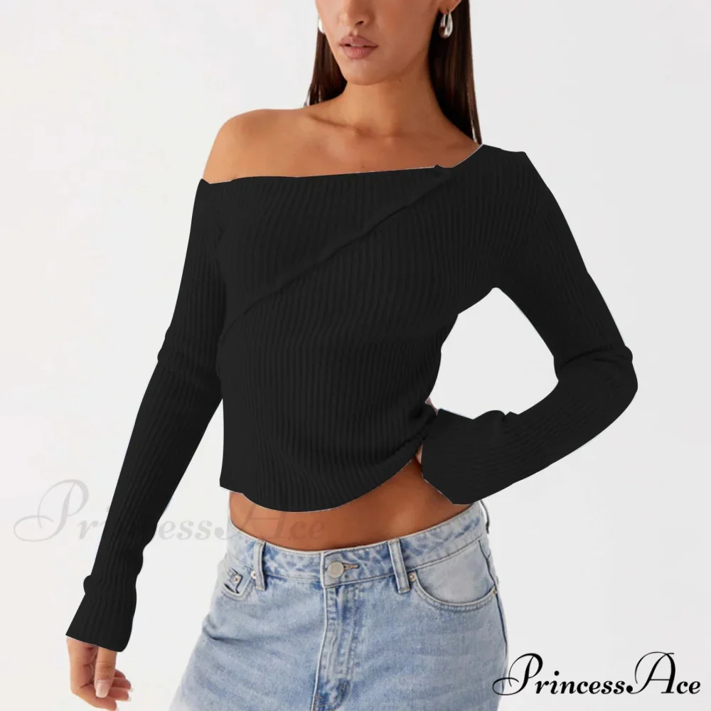 Stylish Off Shoulder Ribbed Solid Crop Fitted Knit Top - Image 6