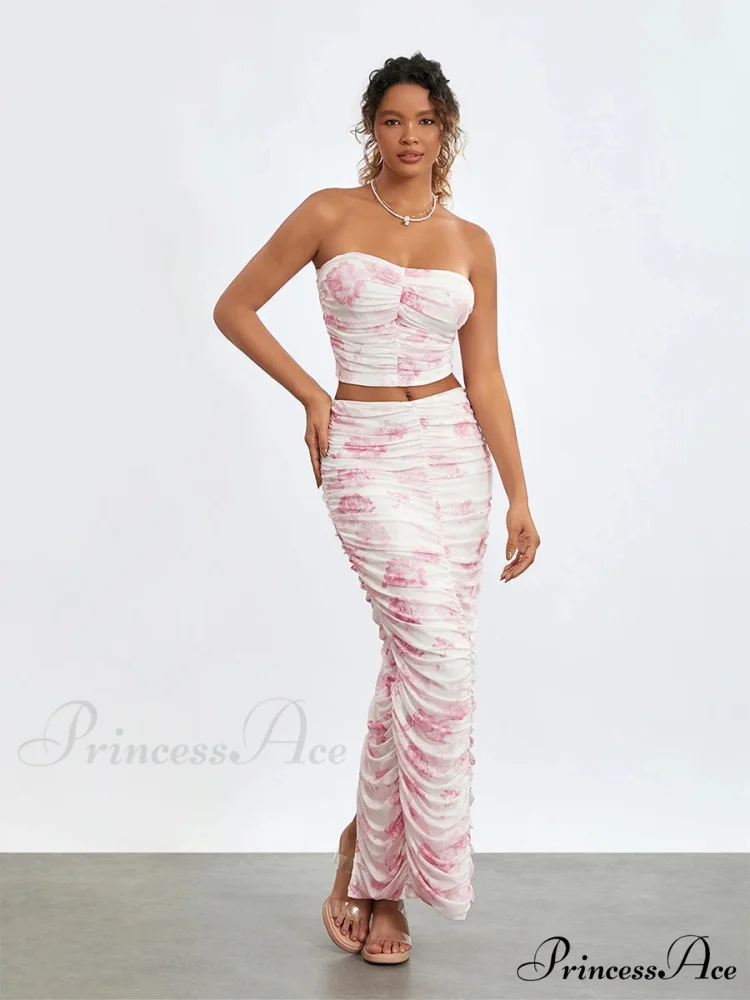 Stylish Off-Shoulder Tube Top Wrap Long Floral Skirt Set - Image 2