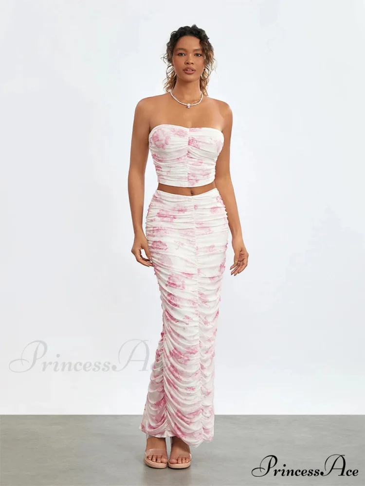 Stylish Off-Shoulder Tube Top Wrap Long Floral Skirt Set - Image 3
