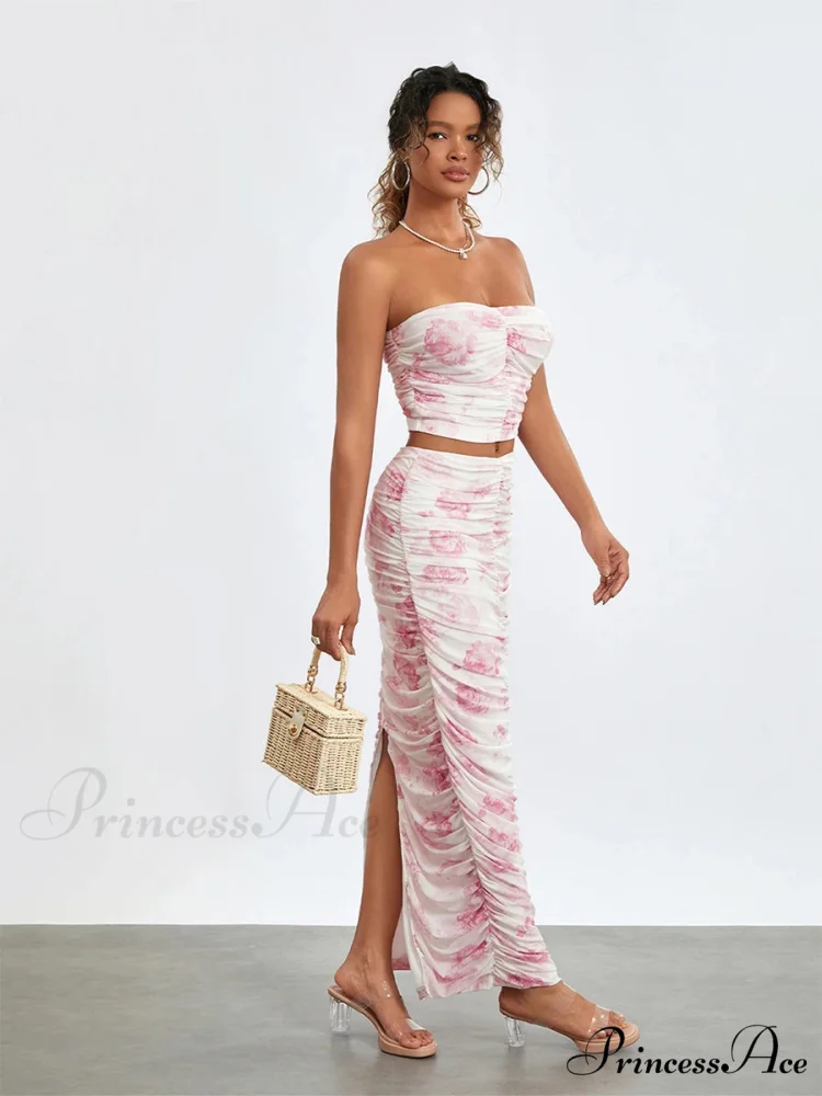 Stylish Off-Shoulder Tube Top Wrap Long Floral Skirt Set - Image 4