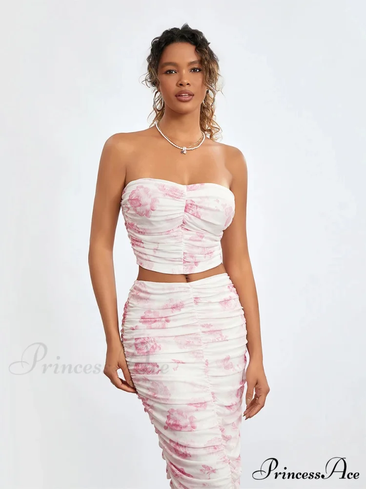 Stylish Off-Shoulder Tube Top Wrap Long Floral Skirt Set - Image 5