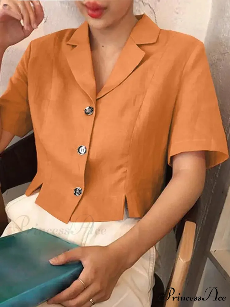 Stylish Office Lapel Button Short Sleeve Blouse - Image 2