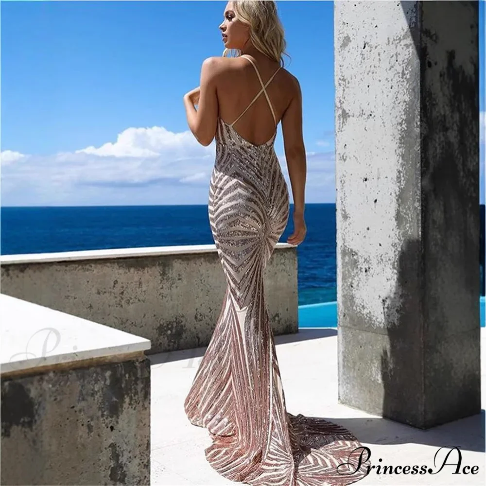 Stylish Open-Backed Lace Sequin Prom Gown - Image 3