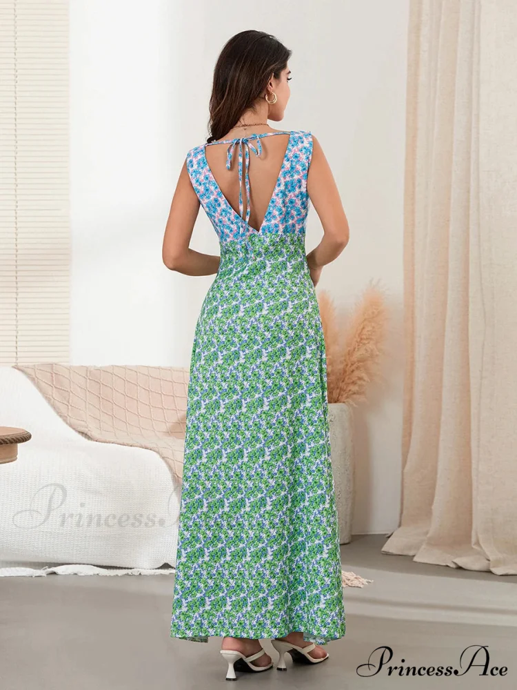 Stylish Patch Shade Floral Flowy Backless V-neck Tank Beach Floral Dress - Image 3