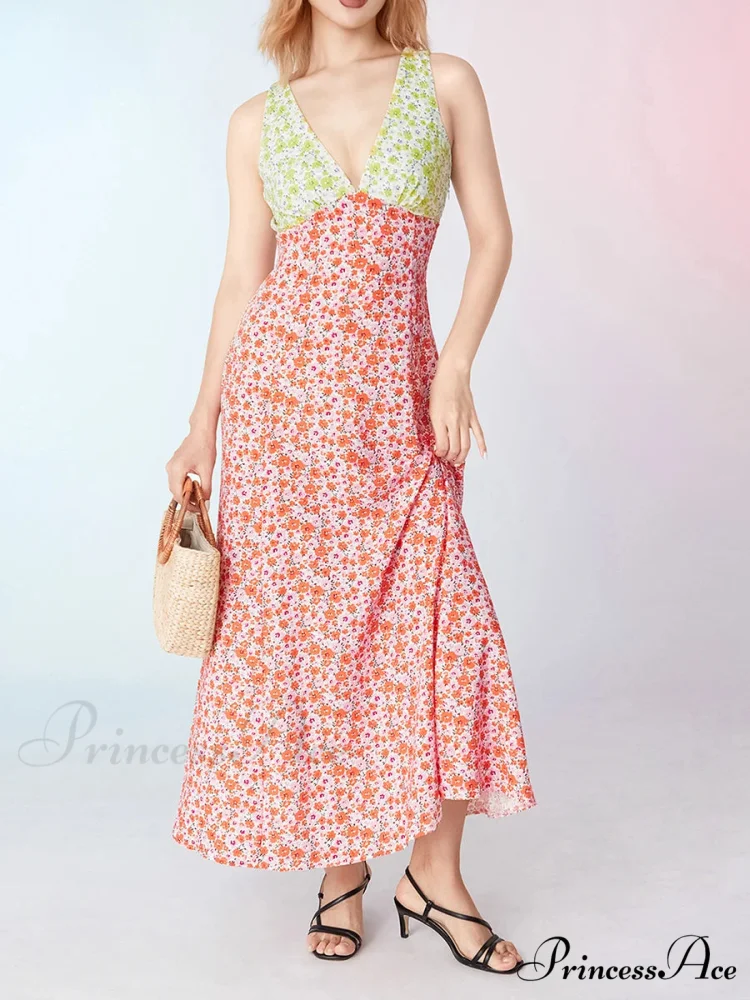 Stylish Patch Shade Floral Flowy Backless V-neck Tank Beach Floral Dress - Image 4