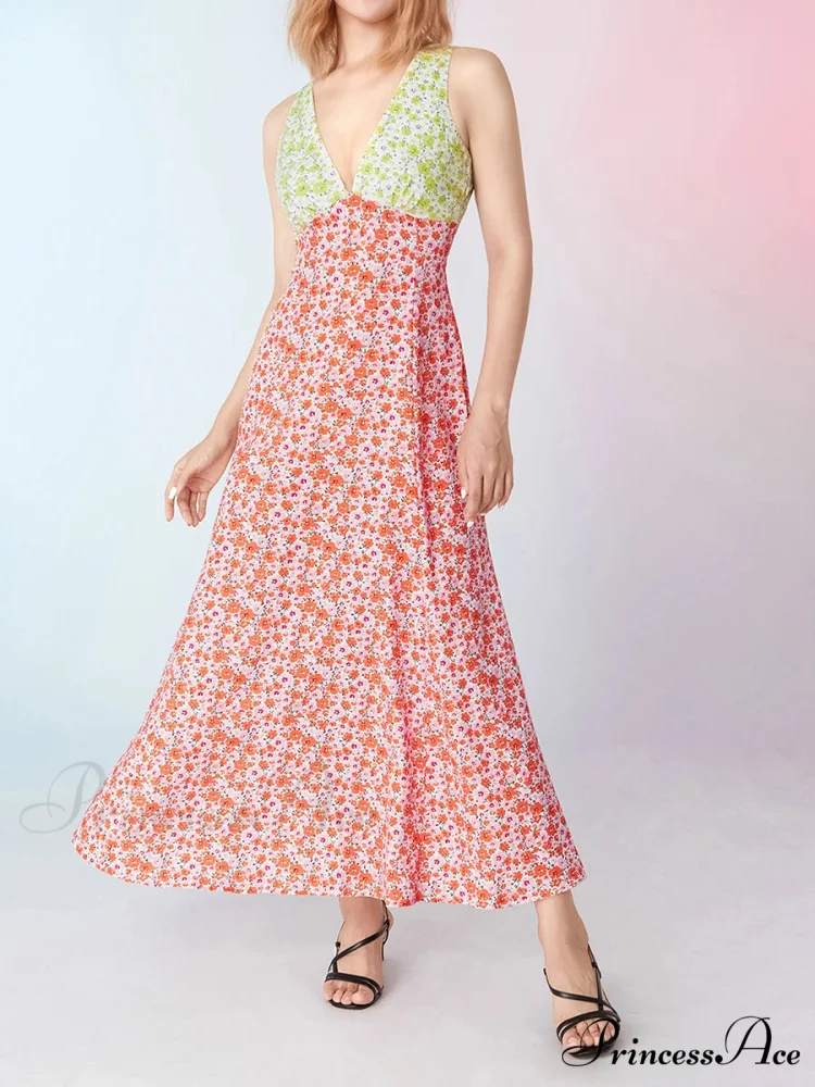 Stylish Patch Shade Floral Flowy Backless V-neck Tank Beach Floral Dress - Image 8