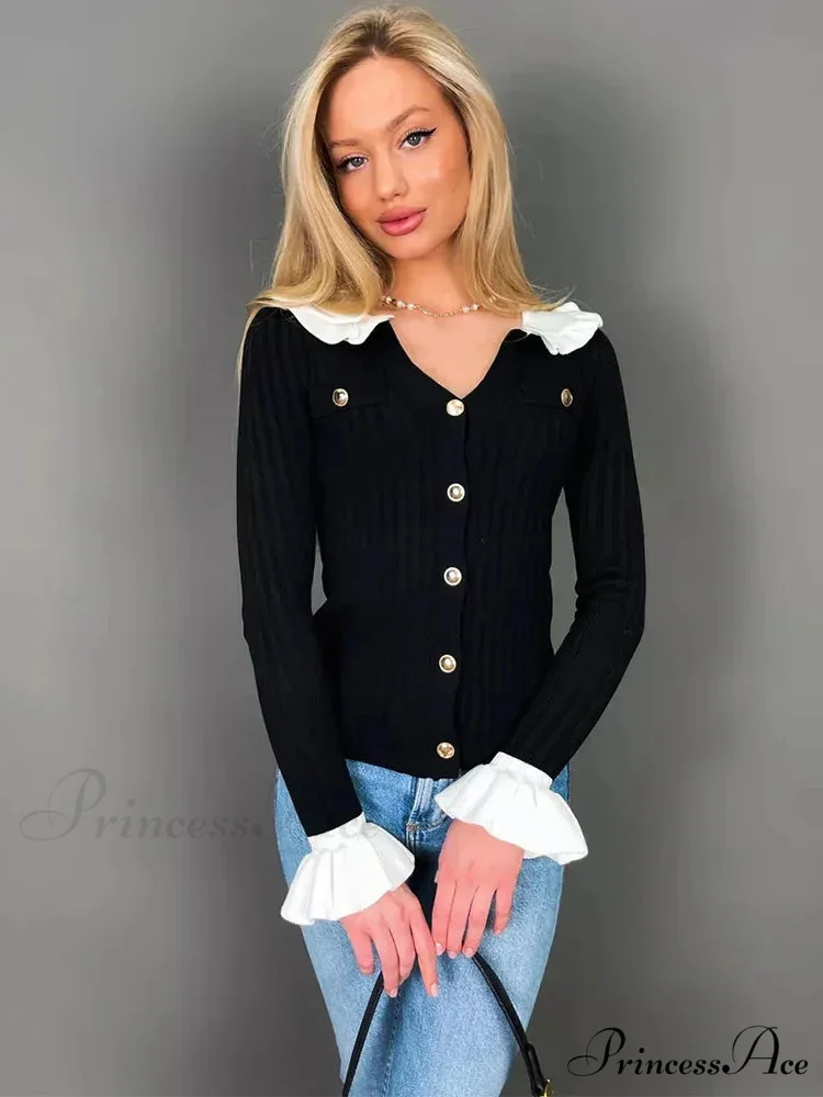Stylish Patchwork Frill Long Sleeve Cardigan - Image 2