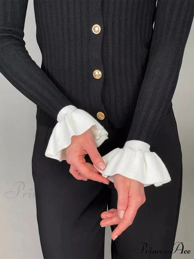 Stylish Patchwork Frill Long Sleeve Cardigan - Image 3
