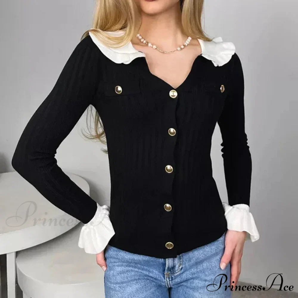 Stylish Patchwork Frill Long Sleeve Cardigan - Image 7
