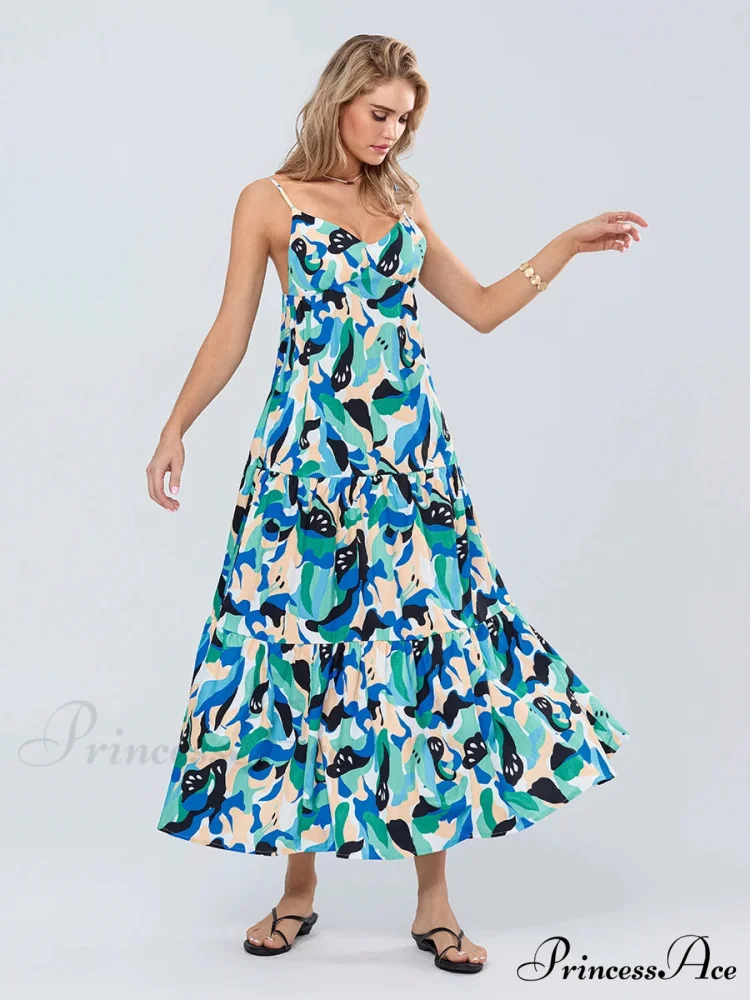 Stylish Pattern Spaghetti Strap Open-Back Sweetheart Flowy Cami Floral Dress - Image 2