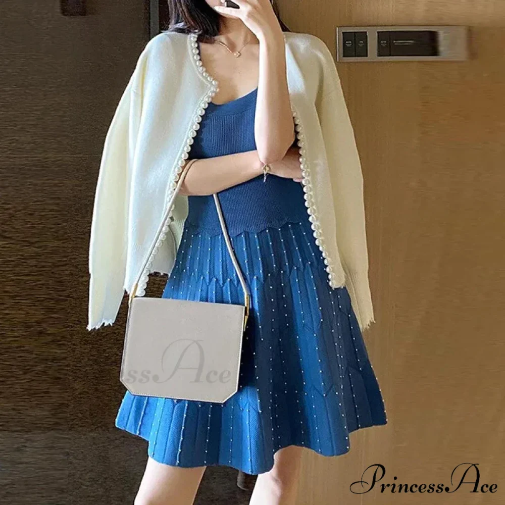 Stylish Pearls Extended Sleeve Knit Ivory Cardigan - Image 2