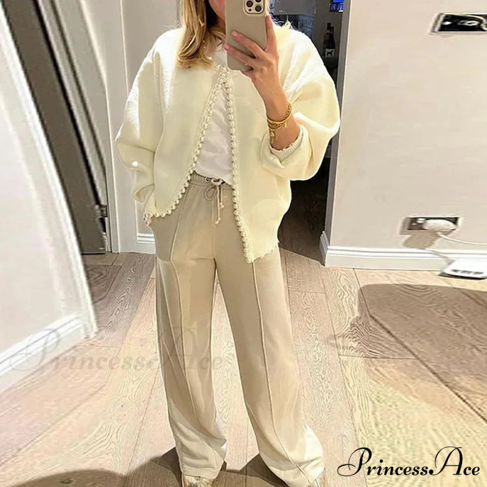 Stylish Pearls Extended Sleeve Knit Ivory Cardigan - Image 3
