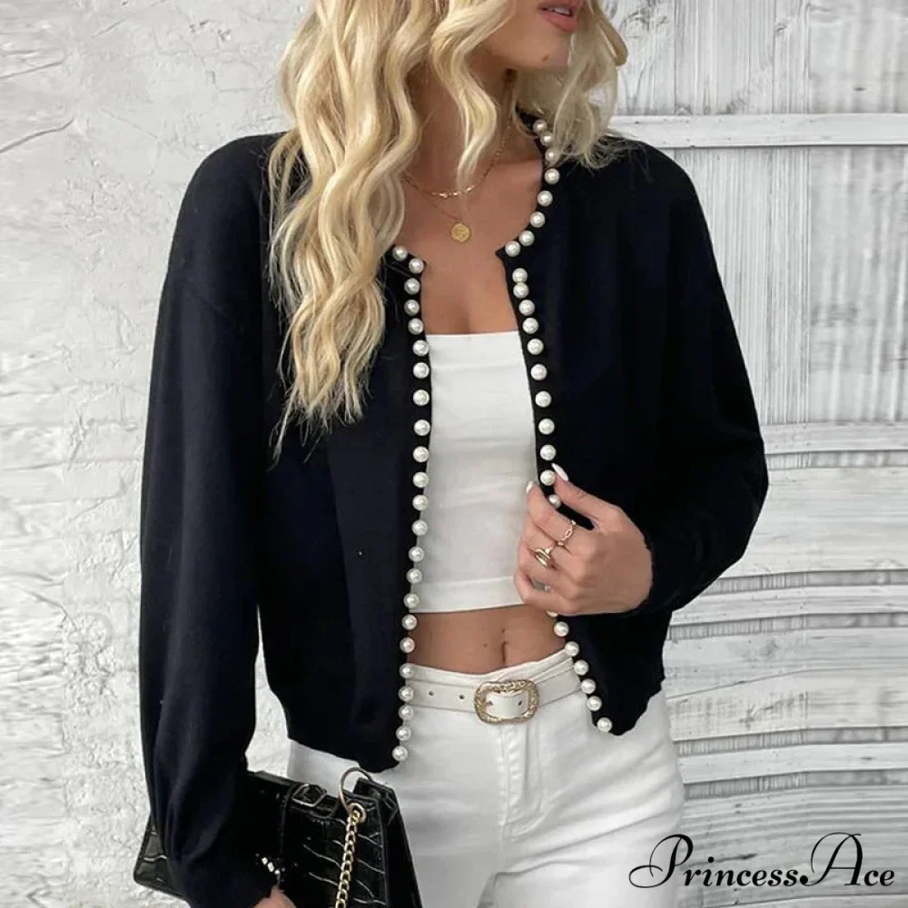 Stylish Pearls Extended Sleeve Knit Ivory Cardigan - Image 4