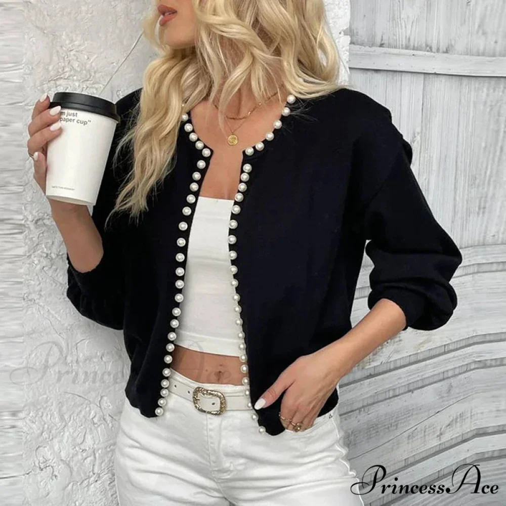 Stylish Pearls Extended Sleeve Knit Ivory Cardigan - Image 5