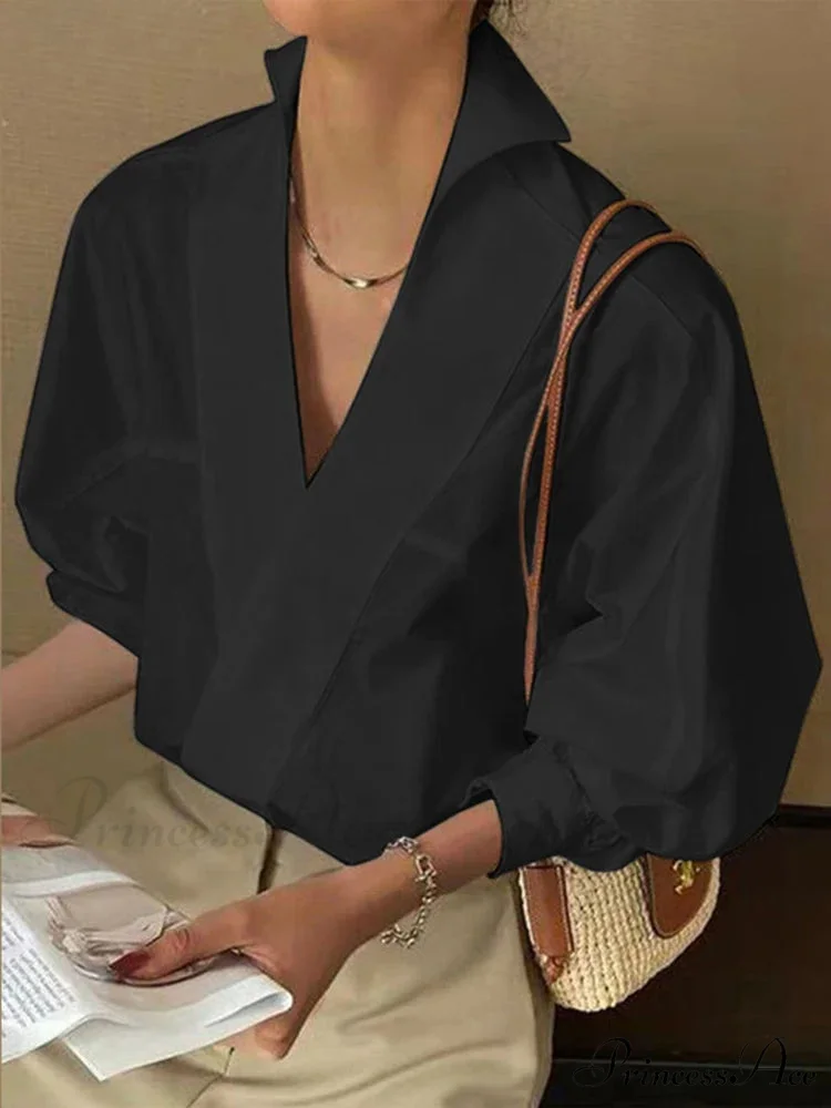 Stylish Plunging Neck Puff Sleeve Ivory Blouse - Image 2