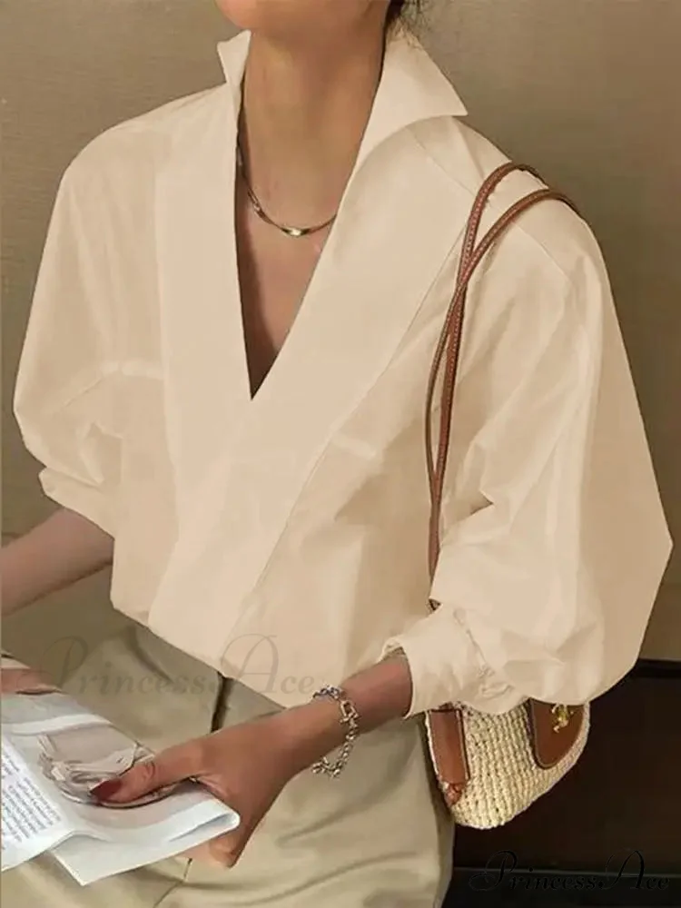 Stylish Plunging Neck Puff Sleeve Ivory Blouse - Image 3