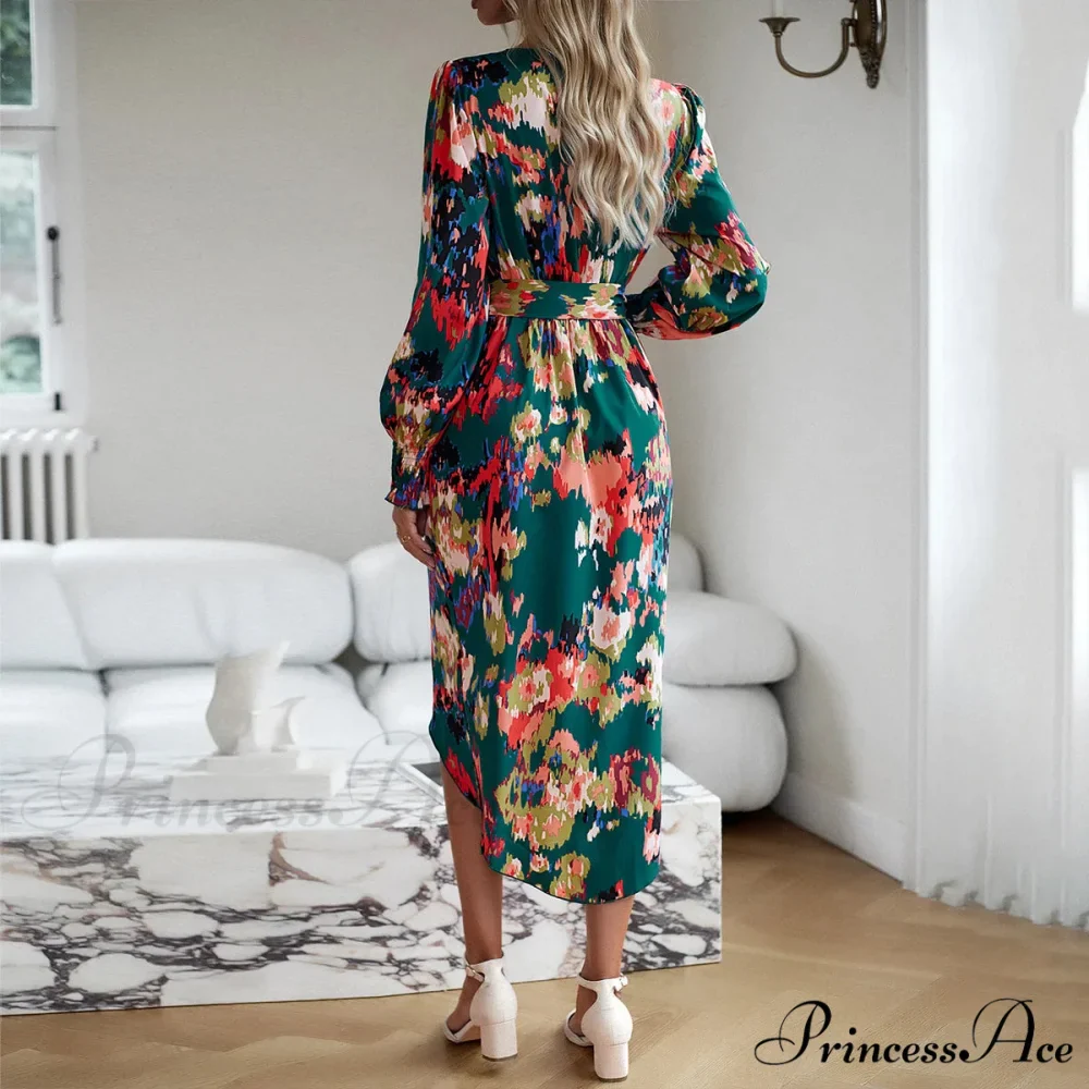 Stylish Plunging Neckline Long Bohemian Printed Dress - Image 3