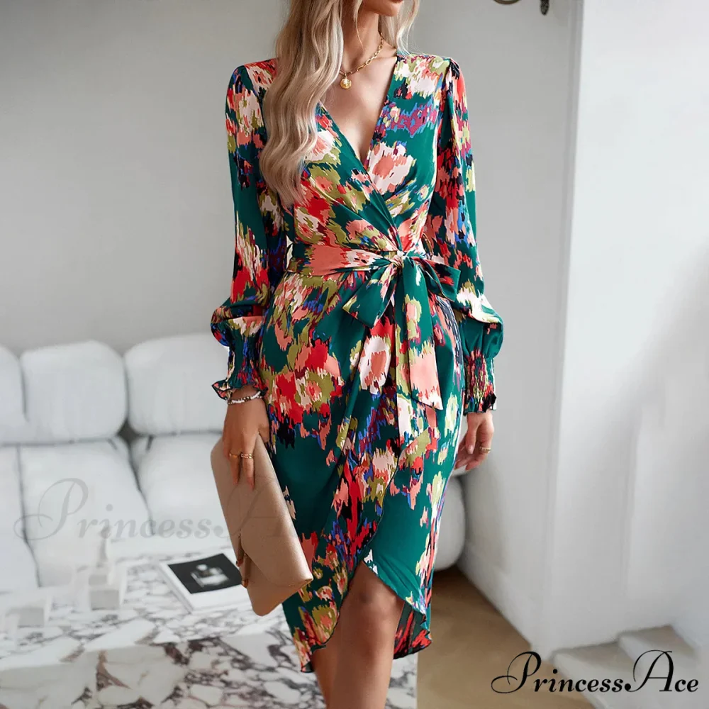 Stylish Plunging Neckline Long Bohemian Printed Dress - Image 4