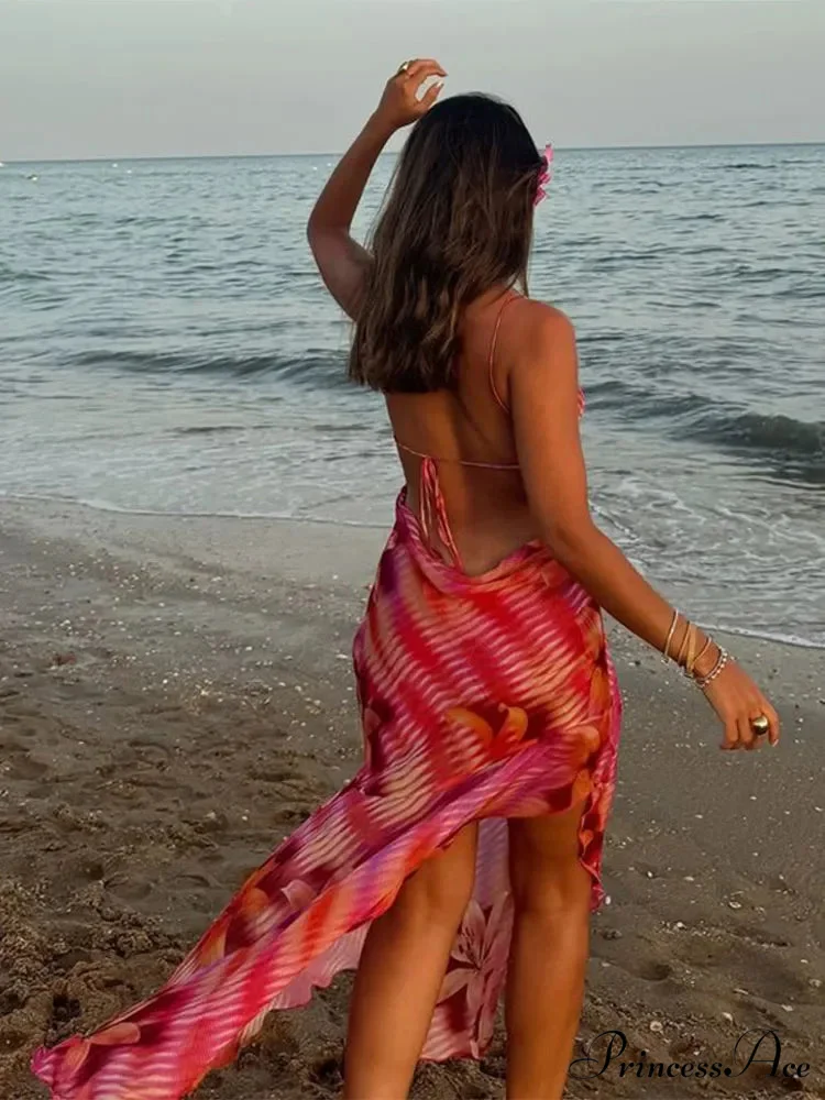 Stylish Plunging Neckline Seaside Frills Open-Backed Flower Dress - Image 2