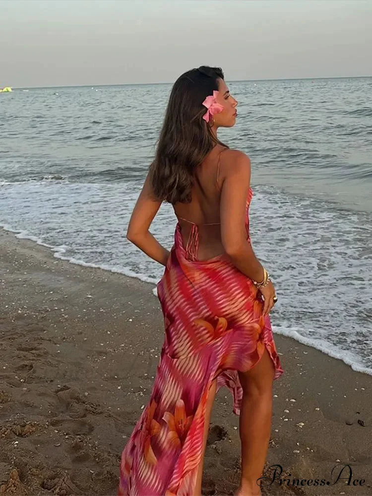 Stylish Plunging Neckline Seaside Frills Open-Backed Flower Dress - Image 3