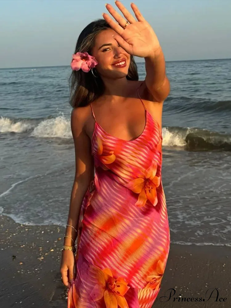Stylish Plunging Neckline Seaside Frills Open-Backed Flower Dress - Image 5