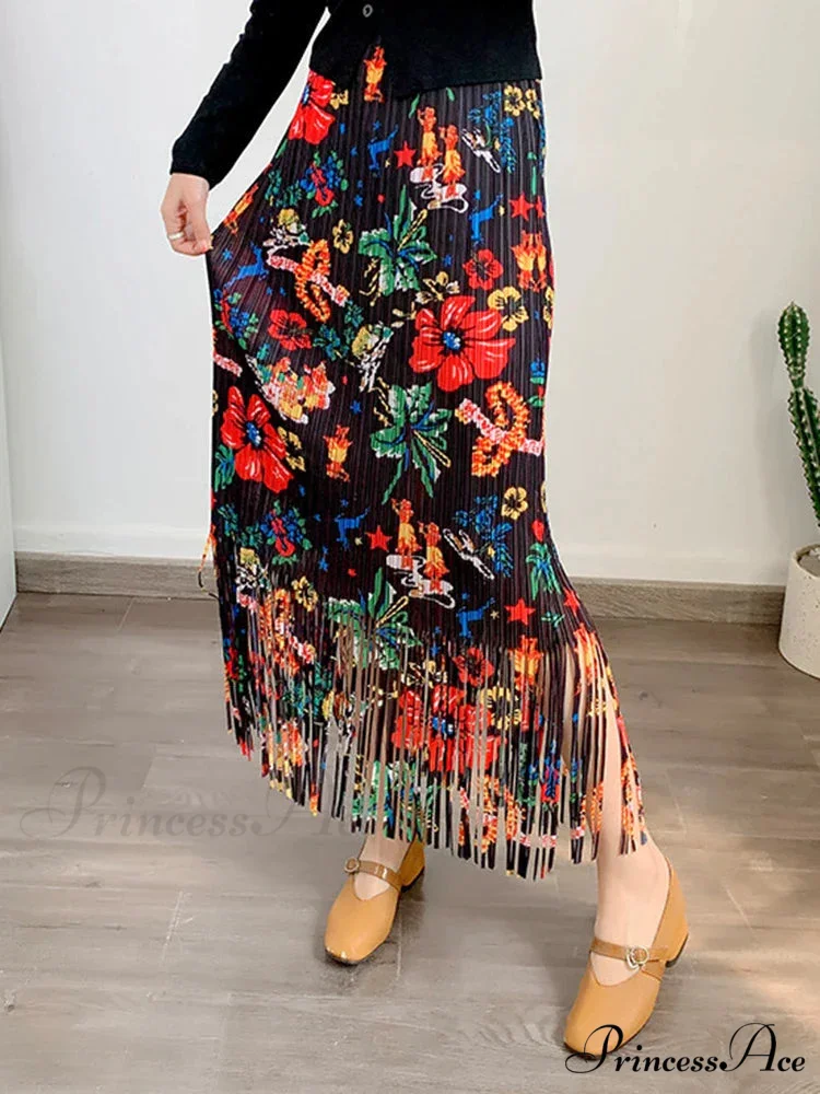 Stylish Printed Blossom Fringes Stretchy Waist Skirt - Image 2