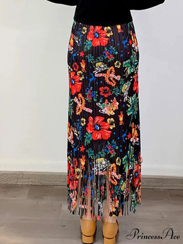 Stylish Printed Blossom Fringes Stretchy Waist Skirt - Image 3