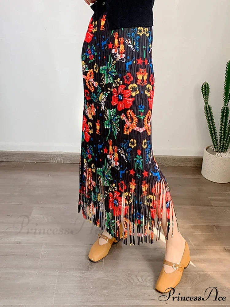 Stylish Printed Blossom Fringes Stretchy Waist Skirt - Image 4