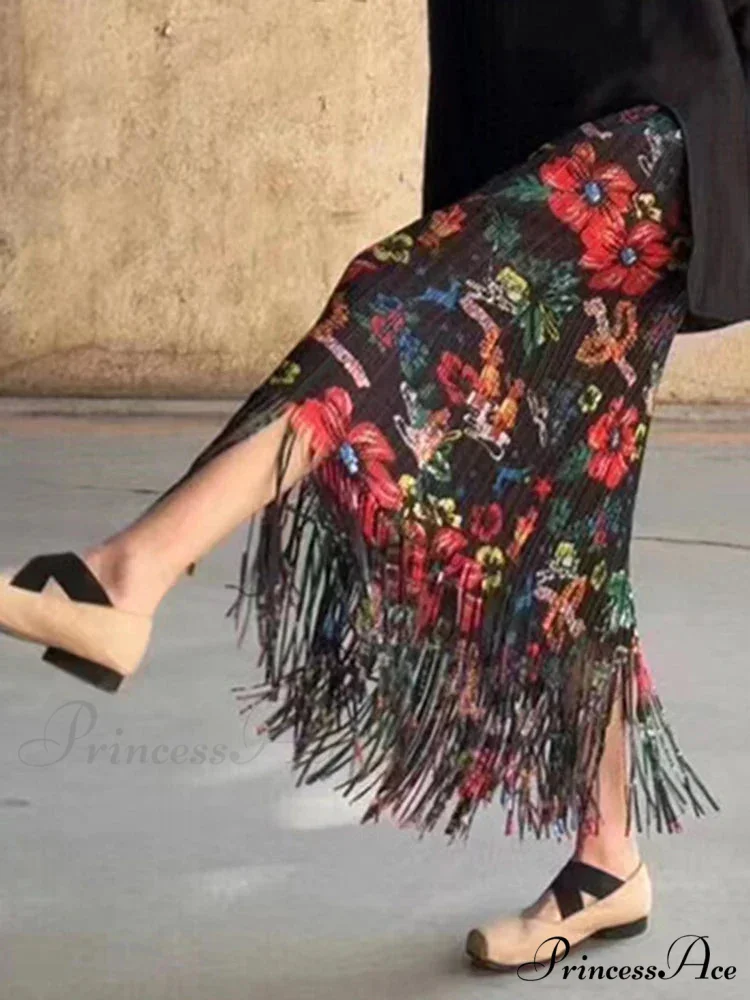Stylish Printed Blossom Fringes Stretchy Waist Skirt - Image 5