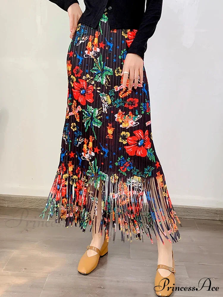 Stylish Printed Blossom Fringes Stretchy Waist Skirt - Image 6