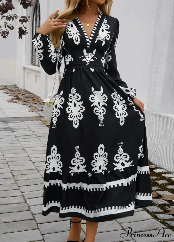 Stylish Printed V-neck A-line Boho Dress - Image 3