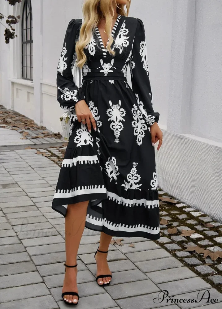 Stylish Printed V-neck A-line Boho Dress - Image 4