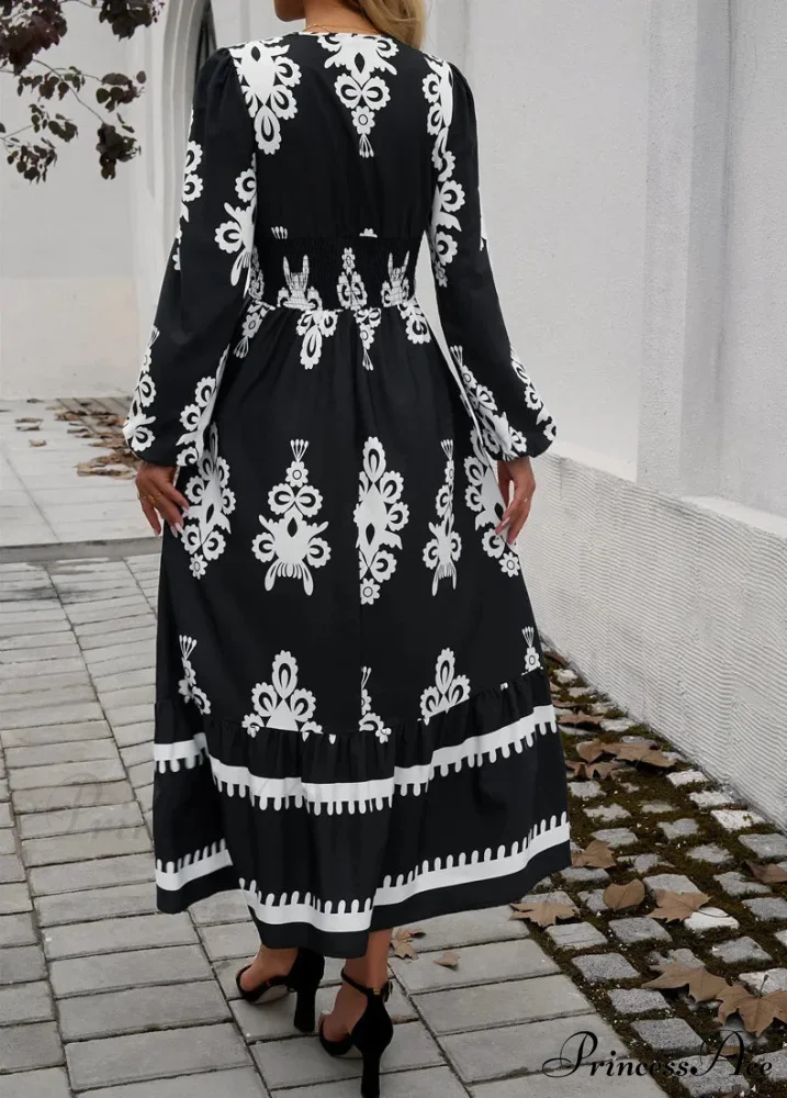 Stylish Printed V-neck A-line Boho Dress - Image 5