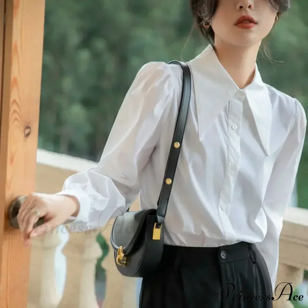 Stylish Puff Sleeve Folded Collar White Blouse - Image 2