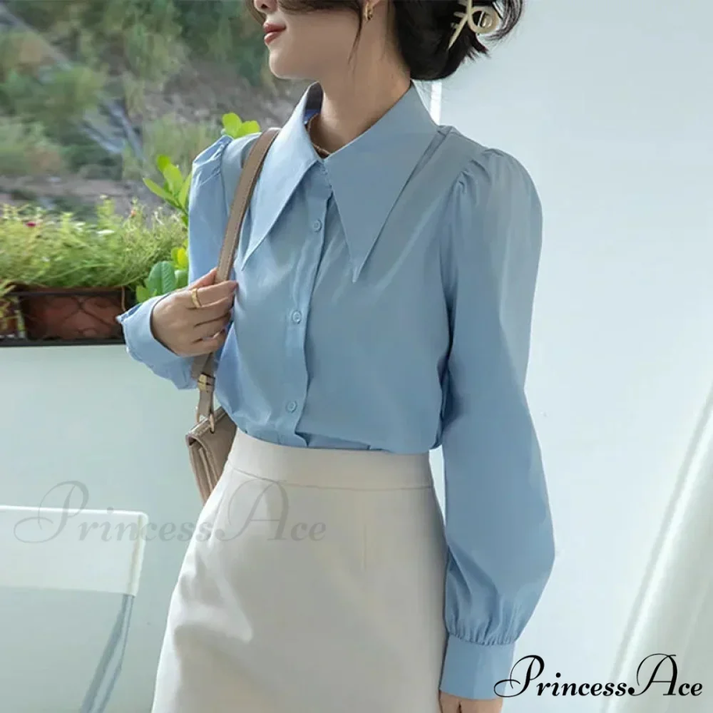 Stylish Puff Sleeve Folded Collar White Blouse - Image 3