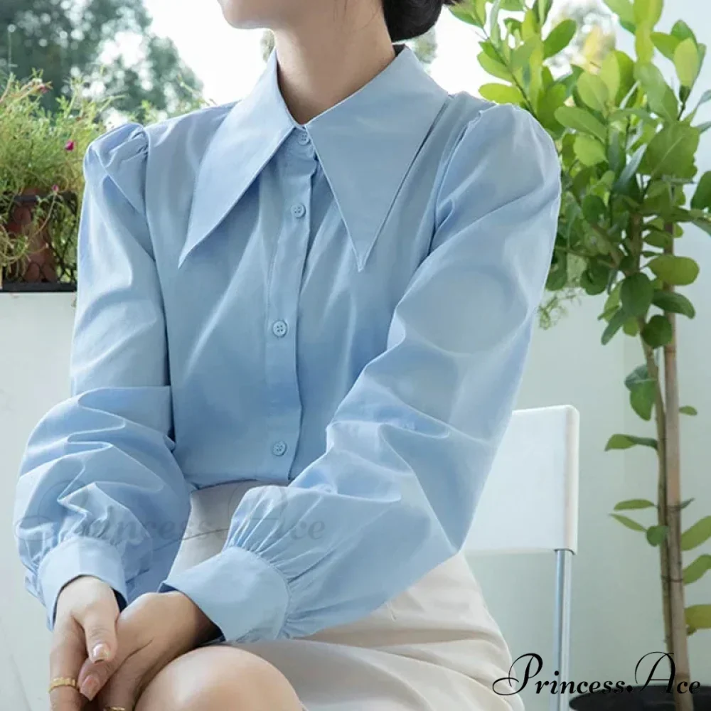 Stylish Puff Sleeve Folded Collar White Blouse - Image 4
